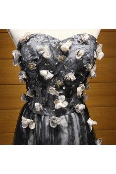 Black And White Floral Printed Prom Dress Strapless For Teens - AKE18108
