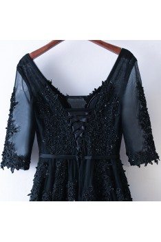Modest Long Lace Black Prom Party Dress For Less - MYX18138