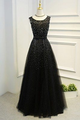 Sleeveless Beaded Long Black Ballgown Prom Dress With Bling - MYX18139