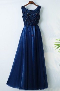 Navy Blue Long Cheap Formal Party Dress With Appliques - MYX18142