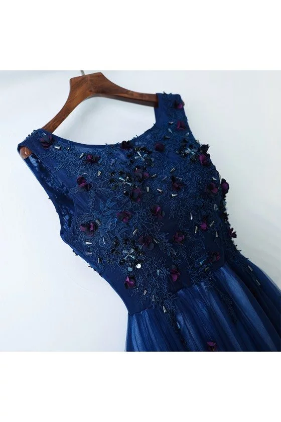 Navy Blue Long Cheap Formal Party Dress With Appliques 129.8 