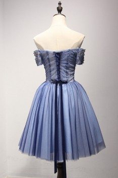 Beautiful Short Blue Homecoming Dress With Beading Off Shoulder Sleeves - AKE18106
