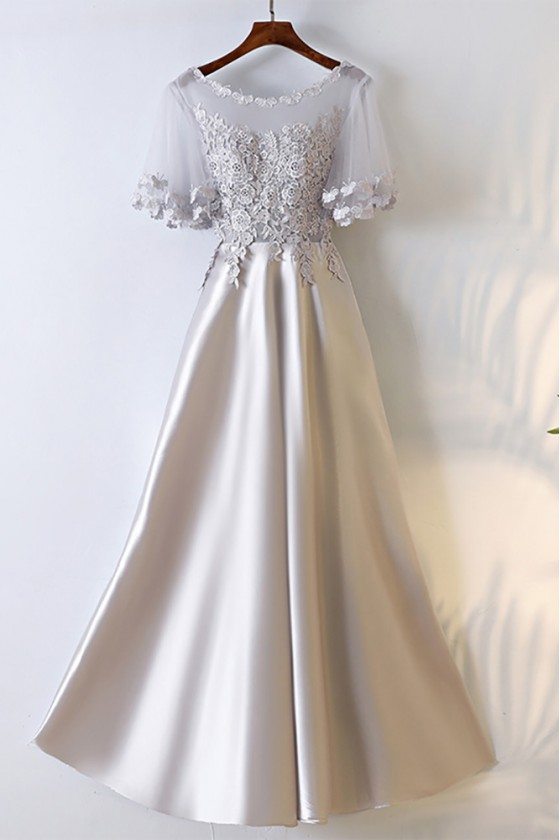 Silver Satin Long Party Prom Dress With Illusion Neckline - MYX18151