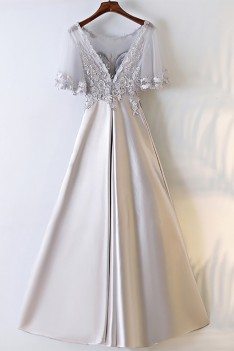 Silver Satin Long Party Prom Dress With Illusion Neckline - MYX18151
