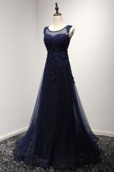 Vintage Dark Navy Blue Prom Dress Long With Lace Beading Top - AKE18102