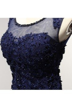 Vintage Dark Navy Blue Prom Dress Long With Lace Beading Top - AKE18102