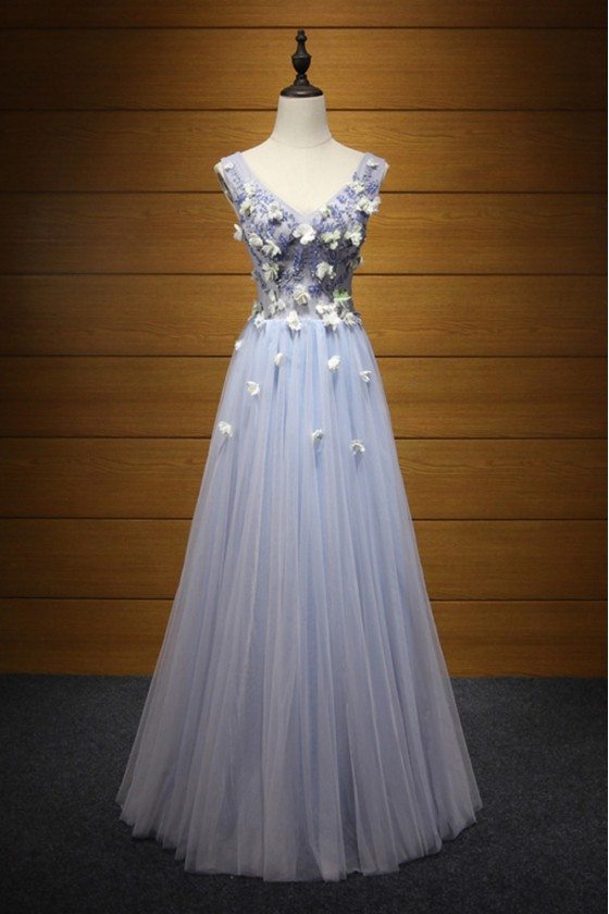 Unique Bluish Grey Prom Dress Long With Beaded Flowers For Girls - AKE18100