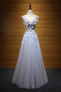 bluish grey prom dress