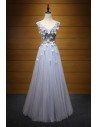 Unique Bluish Grey Prom Dress Long With Beaded Flowers For Girls - AKE18100