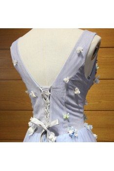 Unique Bluish Grey Prom Dress Long With Beaded Flowers For Girls - AKE18100