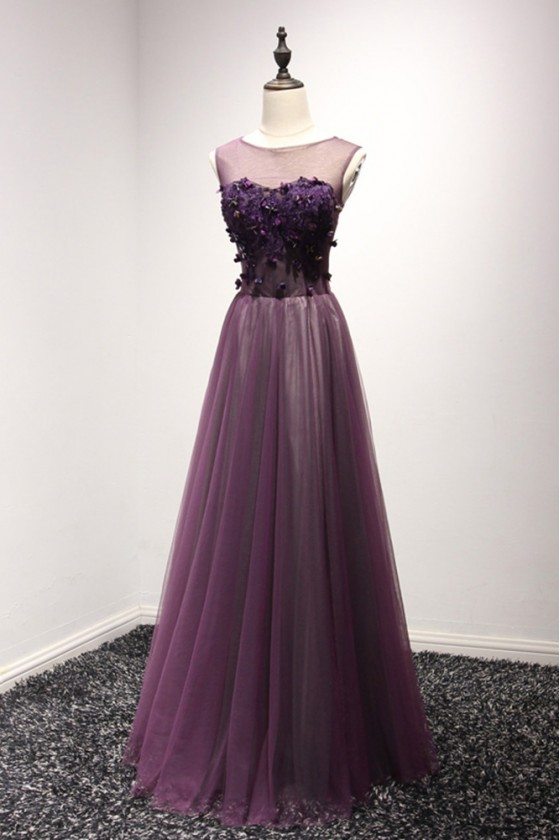Elegant Purple Lace Beaded Formal Dress Long Tulle For Evening Party - AKE18099