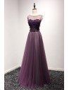 Elegant Purple Lace Beaded Formal Dress Long Tulle For Evening Party - AKE18099