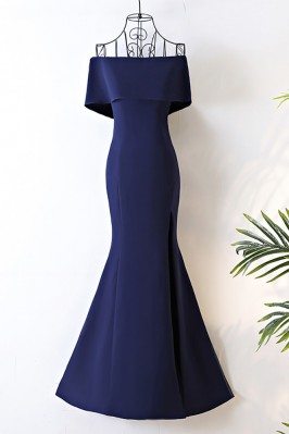 Long Navy Blue Satin Mermaid Formal Dress Off The Shoulder - MYX18159