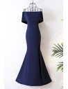 Long Navy Blue Satin Mermaid Formal Dress Off The Shoulder - MYX18159