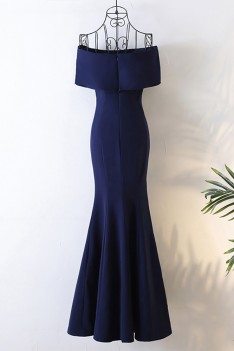 Long Navy Blue Satin Mermaid Formal Dress Off The Shoulder - MYX18159