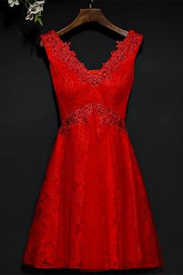 Short Red Beaded Lace High Waist Bridal Party Dress V-neck - MYX18161