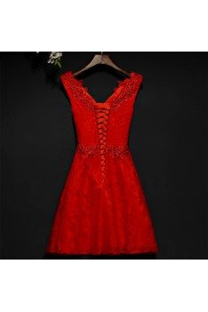Short Red Beaded Lace High Waist Bridal Party Dress V-neck - MYX18161