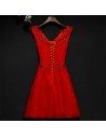 Short Red Beaded Lace High Waist Bridal Party Dress V-neck - MYX18161