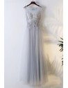 Flowy Grey Long Tulle Cheap Prom Dress With Lace Sleeveless - MYX18163