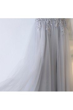 Flowy Grey Long Tulle Cheap Prom Dress With Lace Sleeveless - MYX18163