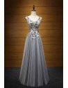 2018 Blackish Grey Long Party Dress With Floral Lace Beading Top - AKE18096