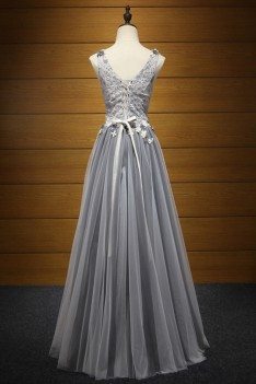 2018 Blackish Grey Long Party Dress With Floral Lace Beading Top - AKE18096