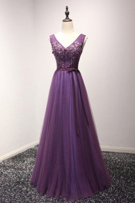 Gorgeous Purple Long Tulle Evening Dress With Beading For Women 2018 - AKE18095