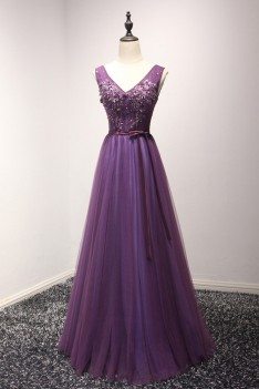 Gorgeous Purple Long Tulle Evening Dress With Beading For Women 2018 - AKE18095