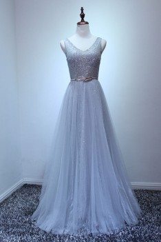Petite Sparkly Sequined Grey Formal Dress Long For Women - AKE18090
