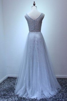 Petite Sparkly Sequined Grey Formal Dress Long For Women - AKE18090