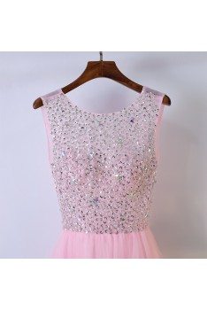 Cute Pink Long Sleeveless Prom Dress With Bling Sequins - MYX18183