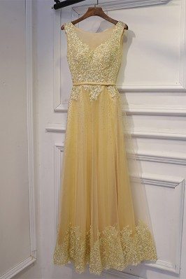 Long Champagne Sleeveless Prom Dress With Beaded Lace - MYX18193
