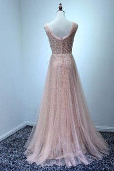 Sparkly Nude Pink Long Prom Dress With Sequins For Junior Girls - AKE18086
