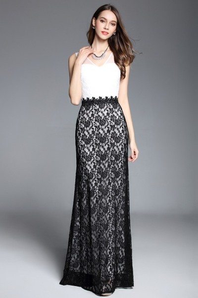 Black And White Lace V-neck Long Party Dress - $95 #CK613 - SheProm.com