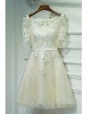 Champagne Lace Off Shoulder Short Party Dress For Weddings - MYX18195