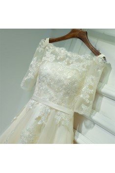 Champagne Lace Off Shoulder Short Party Dress For Weddings - MYX18195
