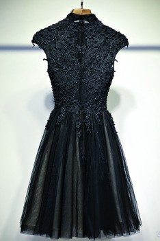 Vintage Chic Short Black Lace Prom Dress With Cap Sleeves - MYX18198