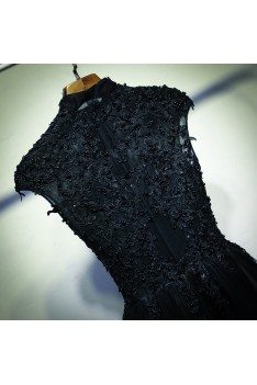 Vintage Chic Short Black Lace Prom Dress With Cap Sleeves - MYX18198