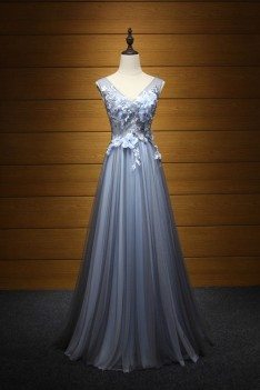 Flowy Tulle Blue-black Prom Dress With Beading Flowers For Teens - AKE18083