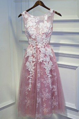 Cute White And Pink Lace Short Homecoming Party Dress Sleeveless - MYX18199