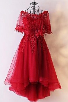 Unique Burgundy High Low Tulle Cheap Prom Dress With Appliques - MYX18200