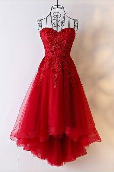Unique Burgundy High Low Tulle Cheap Prom Dress With Appliques - MYX18200