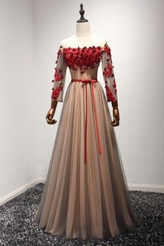 Gorgeous Floral Sleeved Prom Dress Off The Shoulder For Graduation - AKE18080