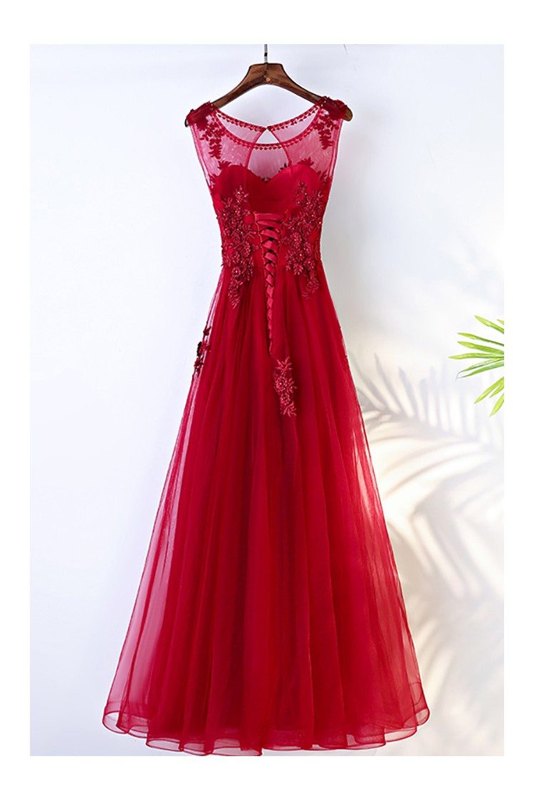 Burgundy Long A Line Formal Party Dress Sleeveless With Lace - $110.92 ...