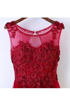 Burgundy Long A Line Formal Party Dress Sleeveless With Lace - MYX18204