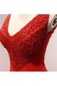 Shiny Sequins Red Tulle Formal Gowns Long For Women With Sweetheart - AKE18078