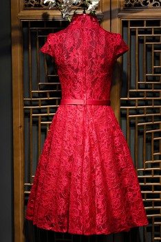 Chinese Burgundy Qipao Style Short Reception Party Dress With Sleeves - MYX18209