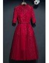 Burgundy Vintage High Neck Short Party Dress With Sleeves For Weddings - MYX18212