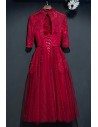 Burgundy Vintage High Neck Short Party Dress With Sleeves For Weddings - MYX18212