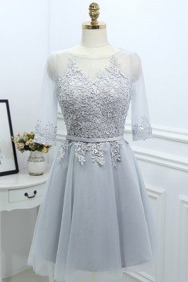 Grey Lace Short Reception Party Dress With Illusion Neck Sleeves - MYX18214